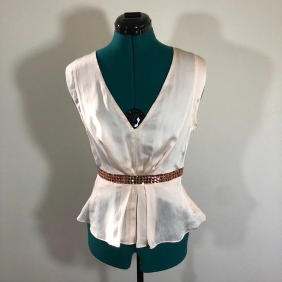 Bebe Pink Blush Satin Blouse with Pink Rhinestones - Size Extra Small